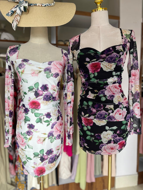 Mesh Floral Print Square Neckline Side Runched Mini Dresses